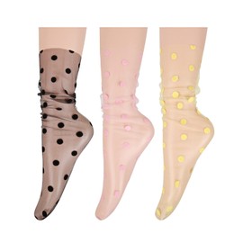 Violet Mist Womens Black Lace Socks Novelty Mesh Sheer Socks Women Fashion Decorated Loose Ankle High Socks Tulle Socks Lace Slouch Socks Cute Thin Transparent See Through Crew Socks, 3Pack-Polka Dot