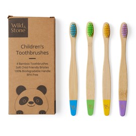 Organic Children's Bamboo Toothbrush | Four Colour | Soft Fibre Bristles | 100% Biodegradable Handle | BPA Free | Vegan Eco Friendly Kids Toothbrushes by Wild & Stone
