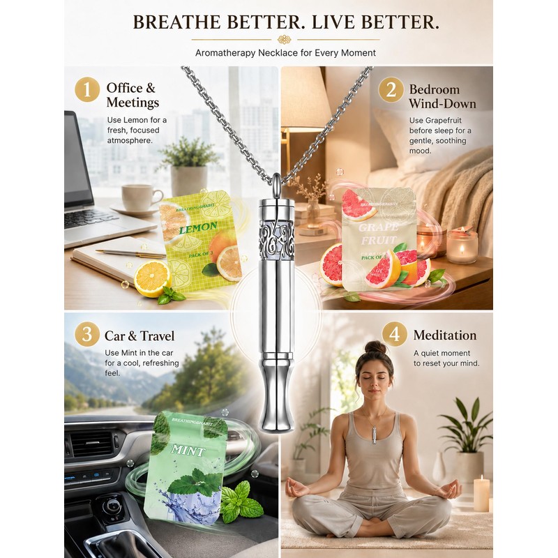 BOLAGTIER Breathing Necklace Stop Smoking Aid with Flavor Filter (Silver)