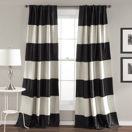 Lush Decor Montego Striped Window Curtains Panel Set for Living Room, Dining Room, Bedroom (Pair), 84” x 52”, Black