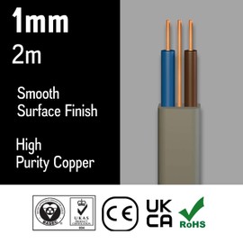 Primes DIY Electric Socket wire cable 1mm Twin and Earth Flat Grey PVC Lighting Electric Cable 6242Y electrical Wire BASEC Approved (2 meter)