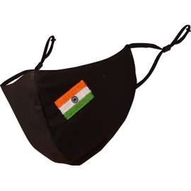 Touchstone Indian Flag Embroidered 3 Layer Medium Size Cotton Face Masks Reusable Washable Adjustable for Men Women (Pack of 1) Black