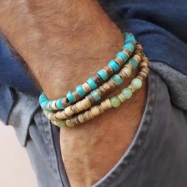 craftsmanscore 3 PCS Handmade Coconut Shell Beads Bracelet Set，Blue Turquoise Beads Gemstone Boho Beach Bracelet for Women Men (Turquoise Beads)