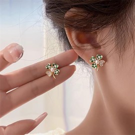 Gold Clover Checker Leaf Stud Earrings for Women 925 Sterling Silver Post Pin Crystal Green Enamel Lucky 4 Leaves Shamrock Flower Studs Cartilage Earrings Hypoallergenic Dainty St.Patrick's Day Jewelry