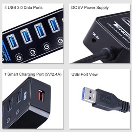 Tendak Usb 3.0 Powered Hub 4 Port Data Transfer And Smart Charging Adapter