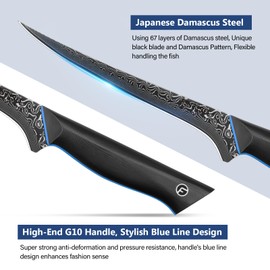 7 Inch Fillet Knife, Ultra Sharpe Meat Boning Knife in 67-Layer Japanese Damascus Steel, Professional Fish Knives with Ergonomic G10 Handle for Slicing and Skinning