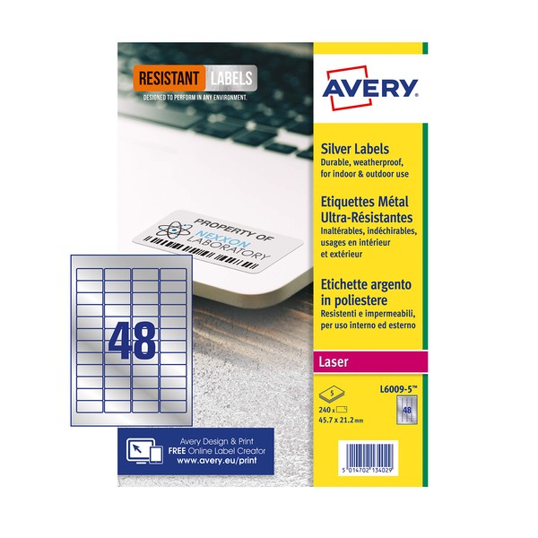 Avery L6009-5 Resistant Labels, Silver (A4 Sheet of 46 x