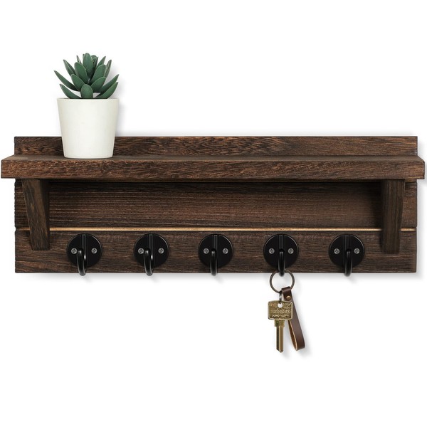Lwenki Wall Key Holder with Shelf, Rustic Shelf with Hooks