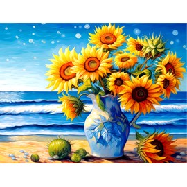 ANBLUB Sunflower Diamond Art Painting Kit for Adult, DIY 5D Beach Landscape Diamond Painting Kits, Seaside Sunflower Gem Art for Adults, Perfect for Home Wall Decoration 12x16 inches