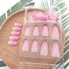 Pink Ombre Press on Nails Short Oval Fake Nails with Light Pink Gradient Design Glue on Nails Press ons Cute False Nails Glossy Artificial Stick on Nails for Women Girls 24Pcs