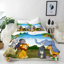 ANHOPE Animal Duvet Cover Set Soft Lightweight 3Pcs Bedding Set with 2 Pillowcase Jungle Safari Cartoon Lion Giraffe Elephant Zebra Print Pattern Kids Boys Girls Quilt Cover with Zipper Single Size