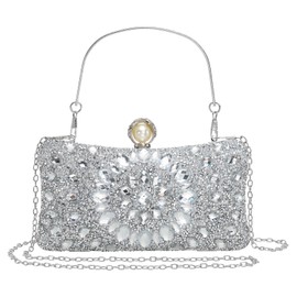 sourcing map Evening Bags for Women, Sparkly Crystal Rhinestone Clutch Purse with 2 Chain Straps Handbags for Wedding Party Evening Weekend, Silver