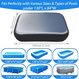 Inflatable Pool Cover Rectangular Fits Pool Under 130" L x 84" W, Built-in Elastic Band and Extra Buckle to Prevent Slipping, Cover is Made of Precision Double Stitching, Strong Tear Resistant