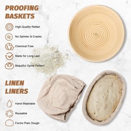 Banneton Bread Proofing Basket Set, 9 Inch Round & 10 Inch Oval Sourdough Proving Basket, 100% Natural Rattan, Sourdough Bread Making Kit with Cloth Liner, Bread Lame, Dough Whisk, Scrapers & Brush