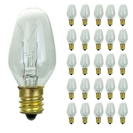 Sunlite 01280 7C7 Incandescent Bulb, 7 Watt, Candelabra E12 Base, C7 Small Night Light, Colored Bulb, Clear, 25 Count