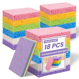 Phafaloop 18 Pack Compressed Cellulose Sponges, 6 Color Assorted Kitchen Cleaning Sponges, Natural Wood Pulp, Scratch-Free, Durable & Reusable, Multipurpose Household & Dishwasher Safe