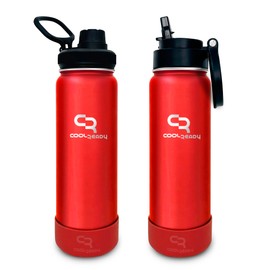 COOLREADY 24 oz Red Stainless Steel Water Bottle – Slim, Lightweight, Travel-Friendly Insulated Flask – Wide Mouth, Spout & Straw Lid, with Silicone Boot