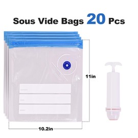 Cloudslucky Sous Vide Food Fresh Save Bags10"X11"20Pcs,Reusable Vacuum BPA Free Sealer Storage Bags with Hand Pump,Zip Lock for Cooking Micowave Steam Heating,Dishwasher Safe
