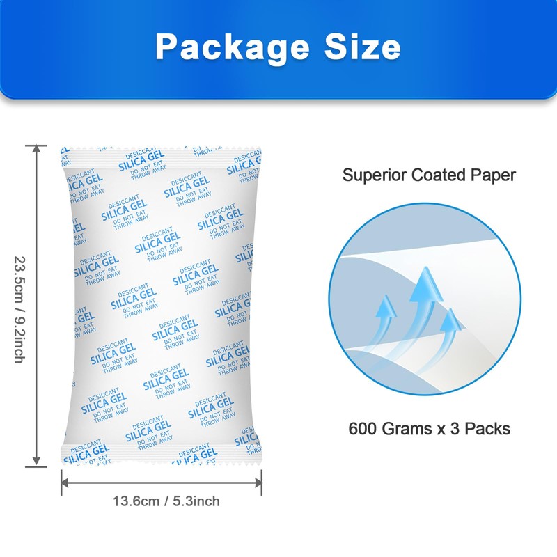Large Silica Gel Packets, 600 Gram 3 Packs Desiccant Packs
