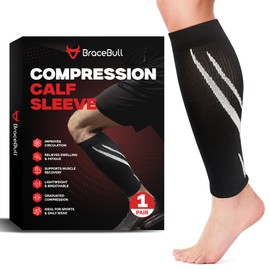 BraceBull Calf Compression Sleeves for Men & Women (1 Pair), Footless Compression Socks for Leg Support, Shin Splints, Running, Fitness, Travel, Breathable Nylon & Spandex Calf Sleeves, Black, L/XL