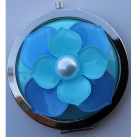 Purse Handbag Double Compact Cosmetic Mirror - 3D (L) Aqua Flower
