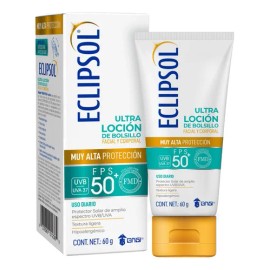 Eclipsol Ultra Loción Protector Solar Facial y Corporal FPS50+, Hipoalergénico, Textura Ultraligera y Resistente al Agua, Uso Diario, 60 g