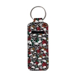 Baxinh Chapstick Keychain Holder for Women, Lip Balm Holder Chapstick Keychain Holder for Lipstick Chapstick, Rose Skull - White and Red, 1 Pack