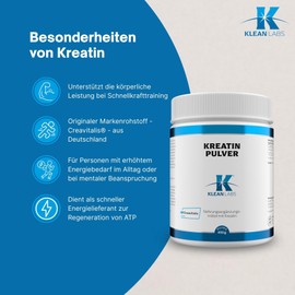 Klean Labs - Creatine Powder (Creavitalis) - 450 g - Pure Powder - Vegan, GMO Free, Gluten-Free, No Additives - Made in Germany