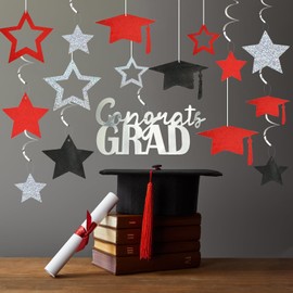 MARFOREVER 48 Pcs Graduation Party Decorations Glitter Black Red Silver Set, Graduation Hat and Stars Hanging Swirl Ceiling Decorations for 2025 High School College Classroom Party Supplies