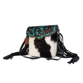 Myra Bag female Aqua Hand-Tooled Bag Upcycled Cotton & Cowhide Leather S-2856