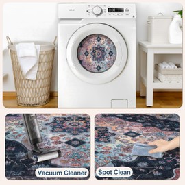 Tangsoo 4x6 Vintage Area Rug with Non Slip Backing, Machine Washable Rug Low Pile Living Room Rugs for Bedroom, Dining Room, Office, Navy/Multi Print Distressed Floor Carpets