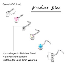 YTANDZP 30Pcs 20g Stainless Steel Nose Rings Hoop L Shape Nose Studs Nose Screw Bone ose Piercings Jewelry Silver Nose Rings for Women Men