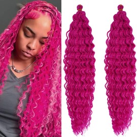 Magenta Curly Ocean Wavy Braiding Hair Deep Wave Crochet Hair for Black Women 24 Inch 2 Packs Pink Boho Hair for Braiding Soft Curls for Boho Braids Extensions
