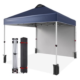 GarveeLife 10x10 Commercial Pop Up Canopy,Outdoor Pop Up Canopy with 1 Sidewall, Portable Canopy,4 Stakes, 4 Ropes, 4 Weight Bags, Wheel Bag for Outdoors-NavyBlue