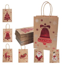 Senlwod 24 PCS Christmas Gift Bags with Handles Small Xmas Kraft Paper Bags with 6 Festive Designs for Christmas Party Favors Candy Cookie Packaging Gift Wrapping