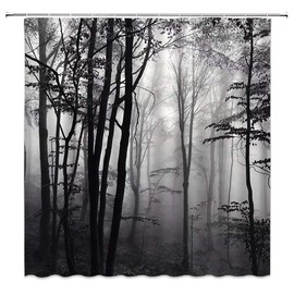 BCNEW Forest Shower Curtain Black and White Woods Heavy Foggy Abstract Gothic Gross Shadow Dark Landscape Gray Art Printed Polyester Fabric Bathroom Decor Set 70×78 Inch with Hook