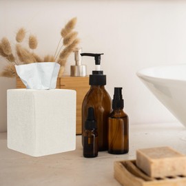 Tissue Box Cover, Cute White Linen Fabric Decorative Square Tissue Box Holder/Organizer for Bathroom Vanity Countertop/Office/Nightstand/Desk
