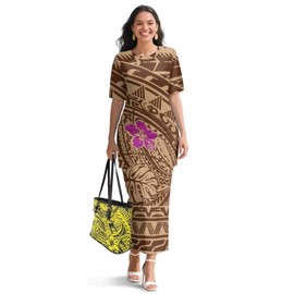 Zhangruoheng Samoan Tapa Puletasi Tatau Polynesian Dress Women's Boho Dress 2 Piece Summer Outfits Tops Bodycon Maxi Skirt Set Plus Size Long Skirt Dress Set Brown