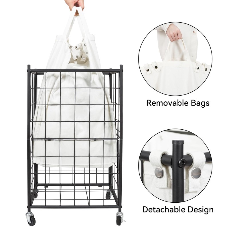 WOWLIVE Laundry Hamper with Wheels,Metal Wire Frame Rolling Laundry Basket