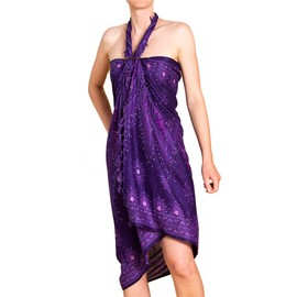 PANASIAM Sarong, Pareo in Peacock Design, Lightweight Summer Scarf Made of Fine Viscose, V23 Purple