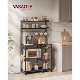 VASAGLE Bakers Rack with Power Outlet, 35.4 Inches Microwave Stand, Coffee Bar, 4 AC Outlets, with Adjustable Shelves, 8 S-Hooks, Basket, Spice Racks, Charcoal Gray and Ink Black UKKS031B22