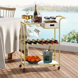 HOOBRO Gold Bar Cart, Home Bar Serving Cart, 3-Tier Wine Cart with Wine Rack & Glass Holder, Drink Cart, Rolling Beverage Cocktail Cart for Home, Kitchen, Dining, Party, Bar, Gold and White DM29TC01