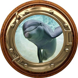 24" Port Scape Instant Sea Porthole 3D Window View Dolphin #2 BRASSWOOD Porthole Portal Removable Wall Sticker Peel & Stick Ocean Wall Art for Childrens Room Decor