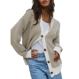 Dokotoo Women's Cardigans Long Sleeve Open Front Winter Knit Womens Cardigan Striped Color Block Casual Ladies Lightweight Knitted Outwear Coats Jacket Sweaters Khaki Stripe M UK 12 14