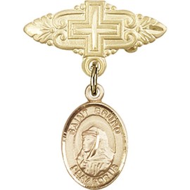 Gold Filled Baby Badge with St. Bruno Charm and Badge Pin with Cross 1 X 3/4 inches