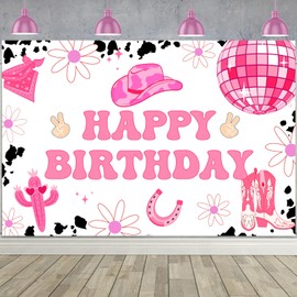 5 * 3ft Disco Cowgirl Birthday Party Backdrop Decorations Space Cowgirl Birthday Party Decorations Western Cowgirl Happy Birthday Backdrop with Groovy Disco Ball Decorations for Girls Women