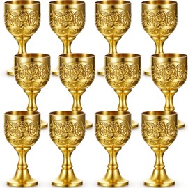 Nosiny 12 Pcs Mini Chalice Goblet Vintage Gold Goblet Copper Wine Goblet Small Chalice Cup Medieval Wine Glasses Zinc Alloy Flower Embossed Shot Glasses for First Communion Altar Drinking (1 oz)