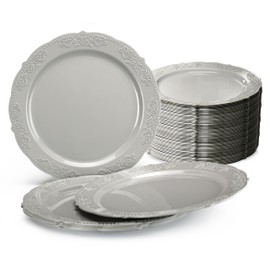 " OCCASIONS " 120 Plates Pack, Vintage Style, Disposable Wedding Party Plastic Plates (7.5'' Appetizer/Dessert Plate, Portofino Warm Gray)