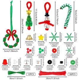 HO2NLE 36pcs Christmas Beaded Ornament Kit Christmas Beads for Crafting Xmas Triangle Beads Red Green White Beads Chenille Stems and Ribbons for Christmas Tree Hanging Decor