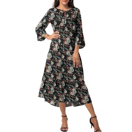 VIISHOW Women's Boho Leopard Print Ruffle 3/4 Sleeve V Neck Casual Flowy Summer Party Dress,Black Red Flower,Small